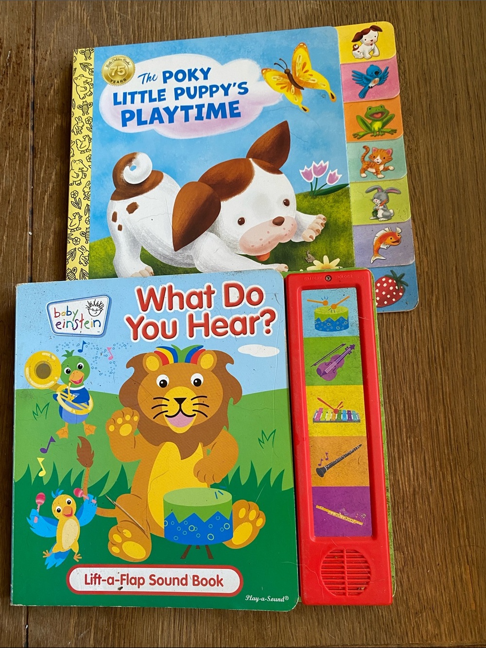 Baby Einstein.”What do you Hear” and Golden Books “The Pokey Little Puppy”